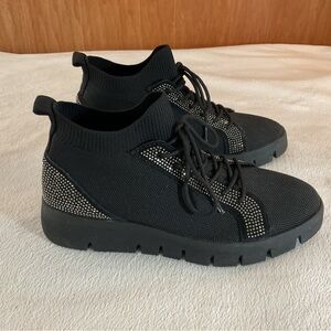 bernie mev. Black Knit Lace-Up Slip-On Sneakers with Crystal Accents